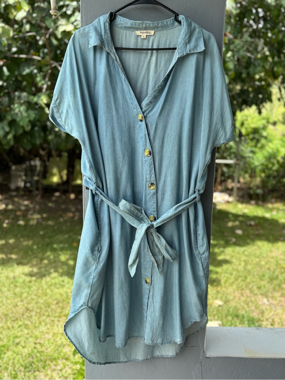 Rebellion Light Blue Button-Front Mini Shirt Dress